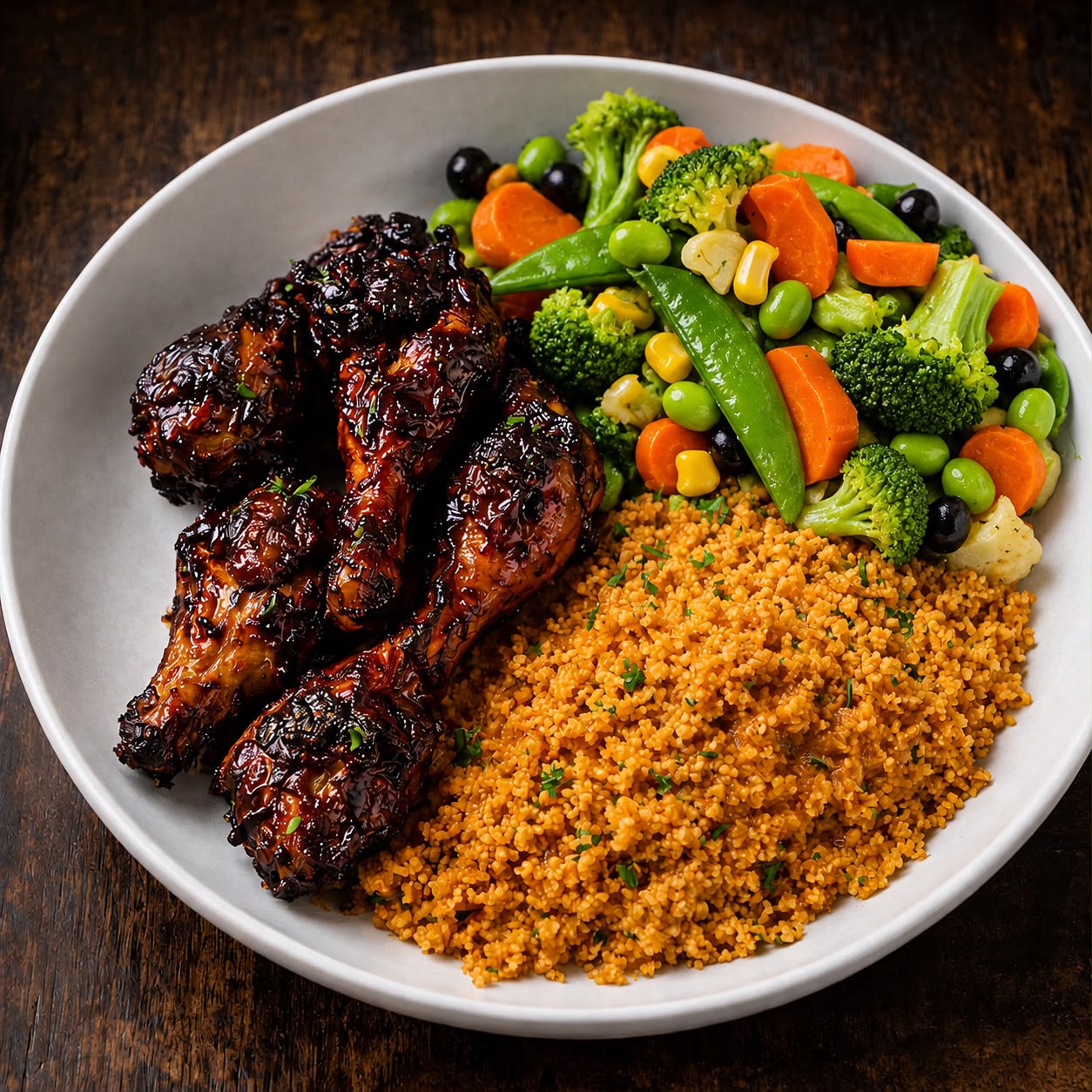 Jerk chicken plate with spiced couscous and roasted vegetables